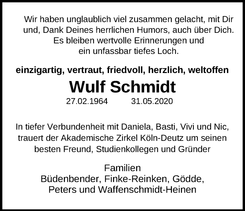  Traueranzeige für Wulf Schmidt vom 06.06.2020 aus Kölner Stadt-Anzeiger / Kölnische Rundschau / Express