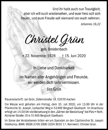 Anzeige von christel Grün von  Bergisches Handelsblatt 