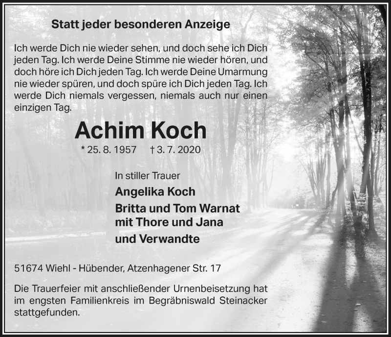  Traueranzeige für Achim Koch vom 10.07.2020 aus  Anzeigen Echo 