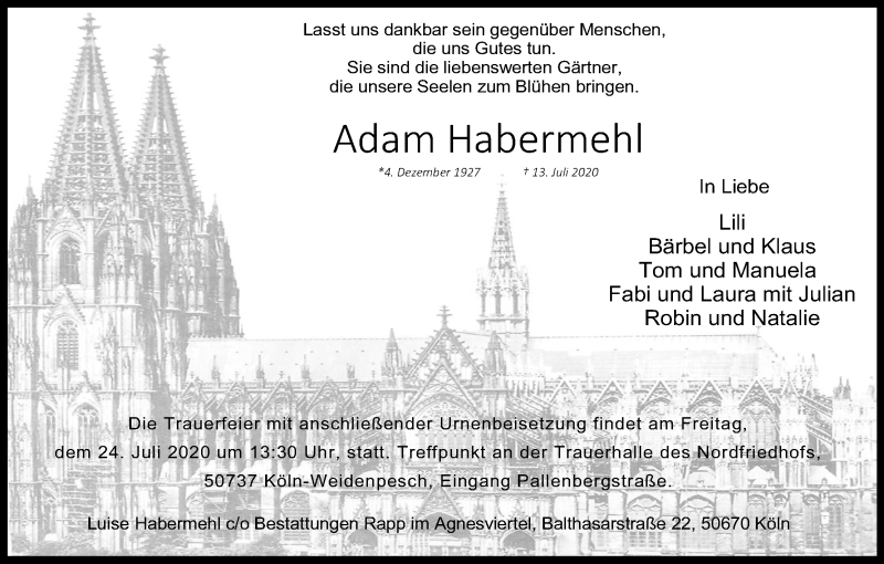  Traueranzeige für Adam Habermehl vom 18.07.2020 aus Kölner Stadt-Anzeiger / Kölnische Rundschau / Express