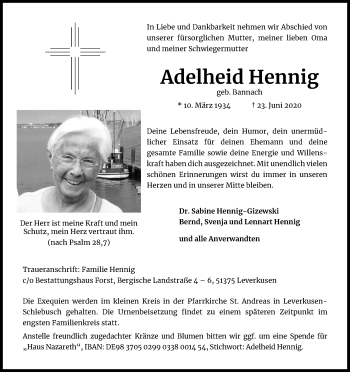 Anzeige von Adelheid Hennig von Kölner Stadt-Anzeiger / Kölnische Rundschau / Express