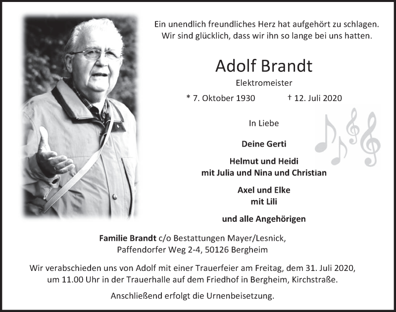 Traueranzeige für Adolf Brandt vom 24.07.2020 aus  Werbepost 