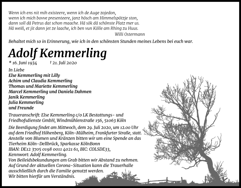  Traueranzeige für Adolf Kemmerling vom 25.07.2020 aus Kölner Stadt-Anzeiger / Kölnische Rundschau / Express