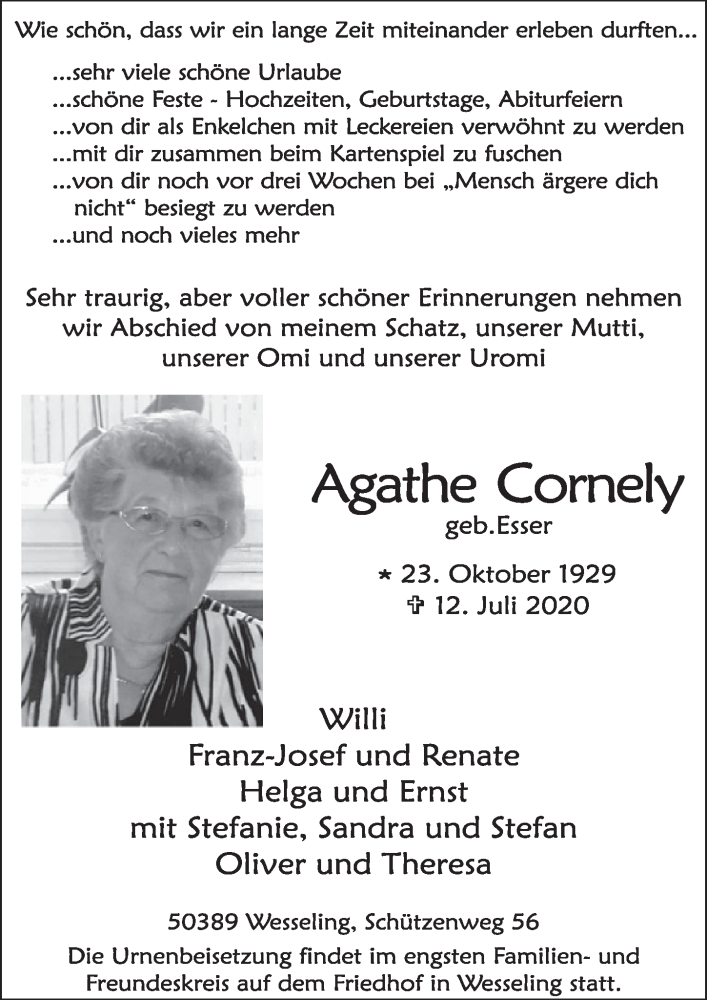  Traueranzeige für Agathe Cornely vom 17.07.2020 aus  Schlossbote/Werbekurier 