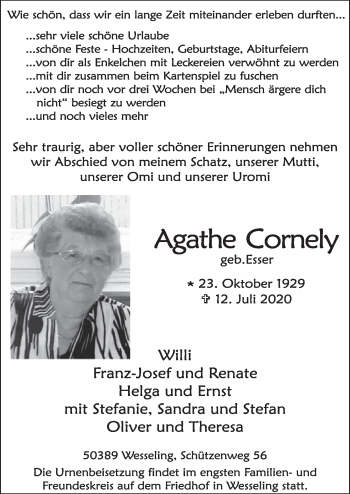 Anzeige von Agathe Cornely von  Schlossbote/Werbekurier 