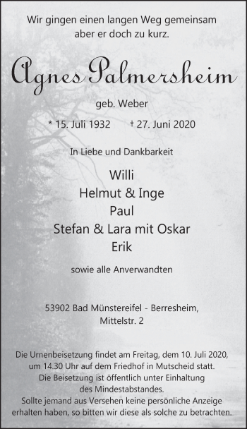 Anzeige von Agnes Palmersheim von  Blickpunkt Euskirchen 