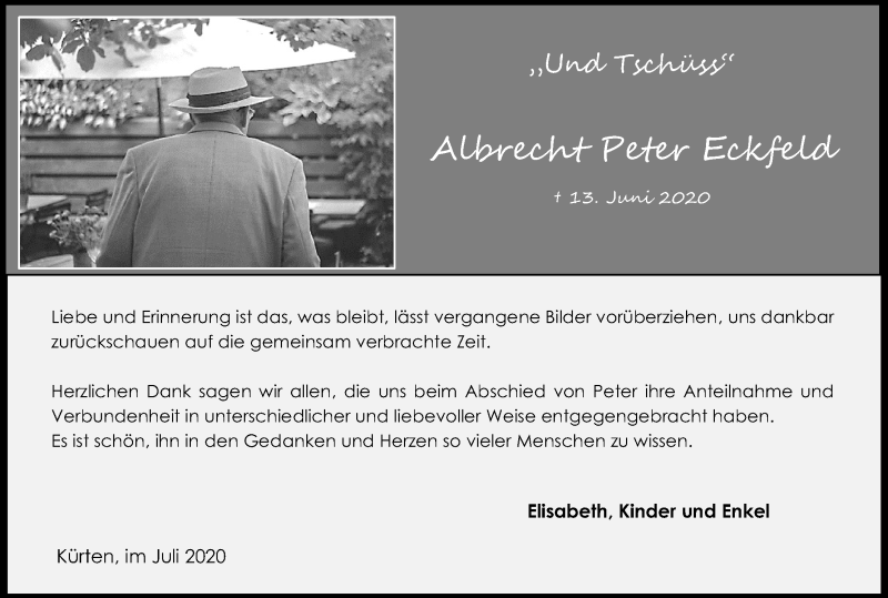  Traueranzeige für Albrecht Peter Eckfeld vom 11.07.2020 aus Kölner Stadt-Anzeiger / Kölnische Rundschau / Express