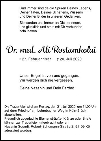 Anzeige von Ali Rostamkolai von Kölner Stadt-Anzeiger / Kölnische Rundschau / Express