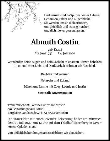 Anzeige von Almuth Costin von Kölner Stadt-Anzeiger / Kölnische Rundschau / Express