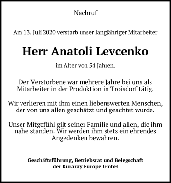 Anzeige von Anatoli Levcenko von Kölner Stadt-Anzeiger / Kölnische Rundschau / Express