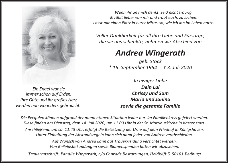  Traueranzeige für Andrea Wingerath vom 10.07.2020 aus  Werbepost 