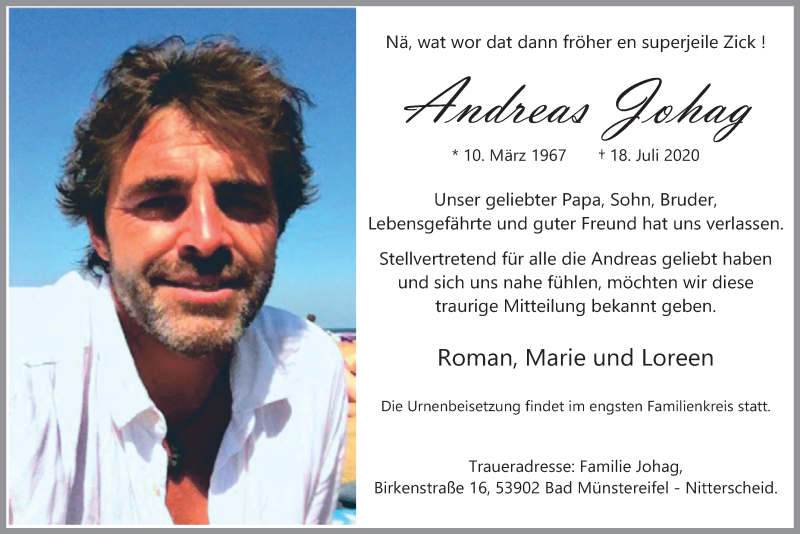  Traueranzeige für Andreas Johag vom 25.07.2020 aus  Blickpunkt Euskirchen 