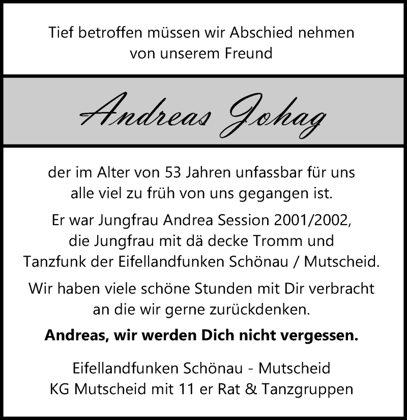  Traueranzeige für Andreas Johag vom 25.07.2020 aus  Blickpunkt Euskirchen 