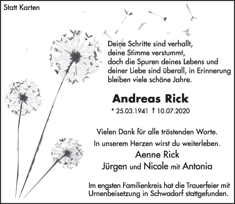  Traueranzeige für Andreas Rick vom 24.07.2020 aus  Schlossbote/Werbekurier 