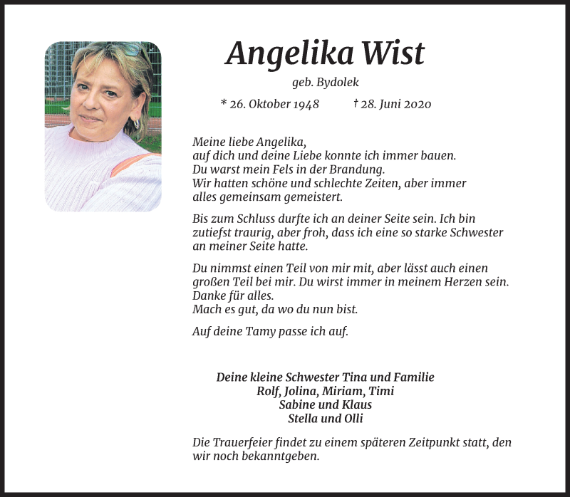  Traueranzeige für Angelika Wist vom 11.07.2020 aus Kölner Stadt-Anzeiger / Kölnische Rundschau / Express