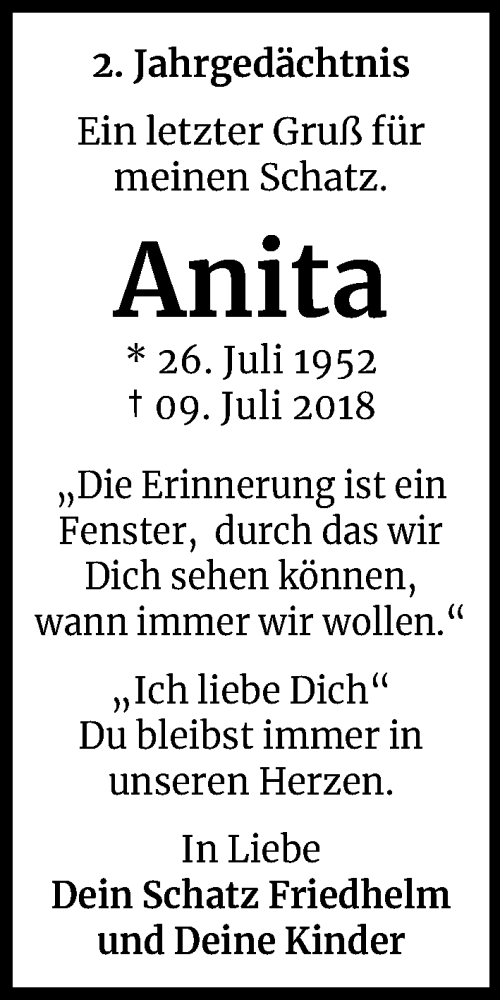  Traueranzeige für Anita  vom 09.07.2020 aus Kölner Stadt-Anzeiger / Kölnische Rundschau / Express