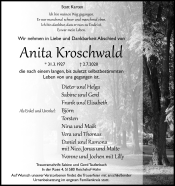 Anzeige von Anita Kroschwald von Kölner Stadt-Anzeiger / Kölnische Rundschau / Express