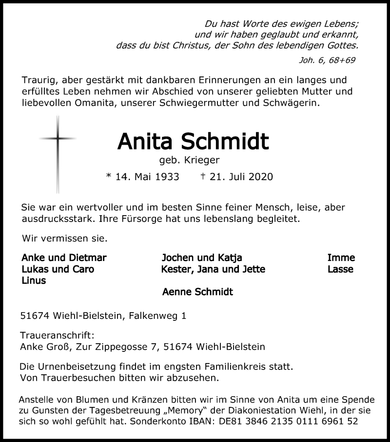  Traueranzeige für Anita Schmidt vom 23.07.2020 aus Kölner Stadt-Anzeiger / Kölnische Rundschau / Express