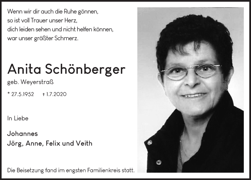  Traueranzeige für Anita Schönberger vom 18.07.2020 aus  Blickpunkt Euskirchen 