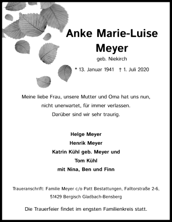 Anzeige von Anke Marie-Luise Meyer von Kölner Stadt-Anzeiger / Kölnische Rundschau / Express