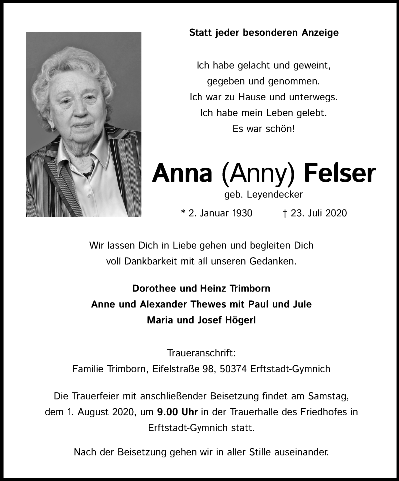  Traueranzeige für Anna Felser vom 29.07.2020 aus Kölner Stadt-Anzeiger / Kölnische Rundschau / Express