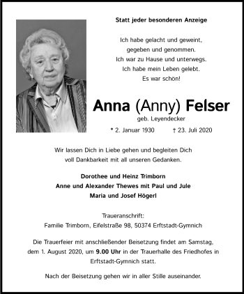 Anzeige von Anna Felser von Kölner Stadt-Anzeiger / Kölnische Rundschau / Express