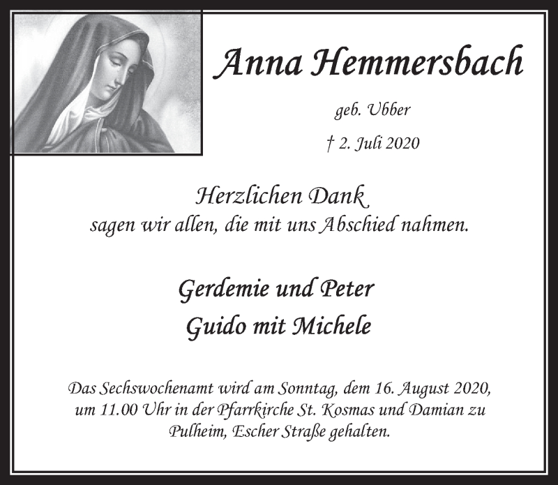  Traueranzeige für Anna Hemmersbach vom 31.07.2020 aus  Wochenende 