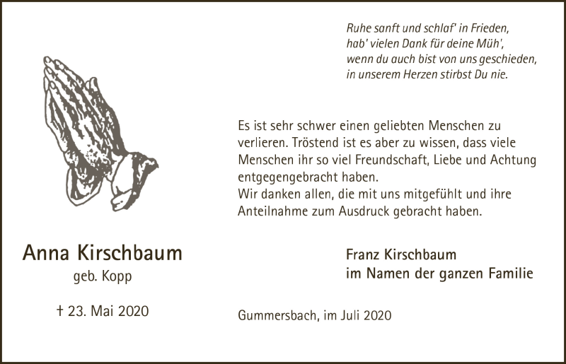  Traueranzeige für Anna Kirschbaum vom 17.07.2020 aus  Anzeigen Echo 