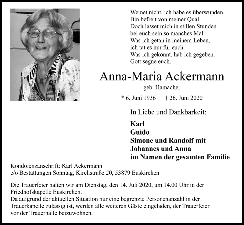  Traueranzeige für Anna-Maria Ackermann vom 08.07.2020 aus Kölner Stadt-Anzeiger / Kölnische Rundschau / Express
