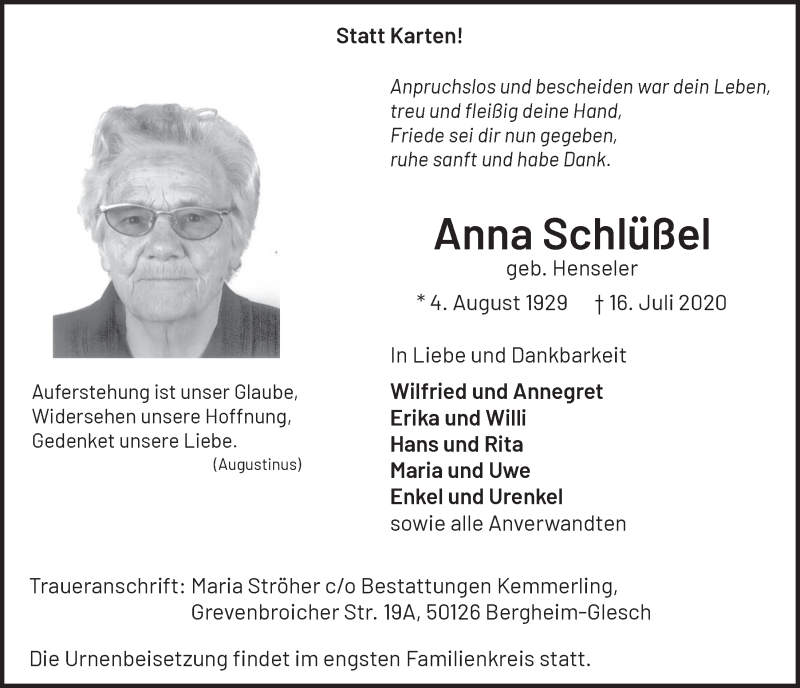  Traueranzeige für Anna Schlüßel vom 24.07.2020 aus  Werbepost 