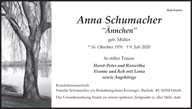  Traueranzeige für Anna Schumacher vom 17.07.2020 aus  Wochenende 