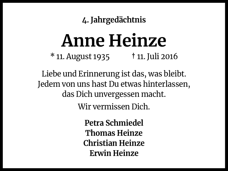  Traueranzeige für Anne Heinze vom 11.07.2020 aus Kölner Stadt-Anzeiger / Kölnische Rundschau / Express