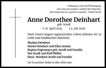 Anzeige von Anne Dorothee Deinhart von Kölner Stadt-Anzeiger / Kölnische Rundschau / Express