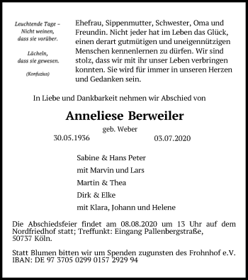 Anzeige von Anneliese Berweiler von Kölner Stadt-Anzeiger / Kölnische Rundschau / Express