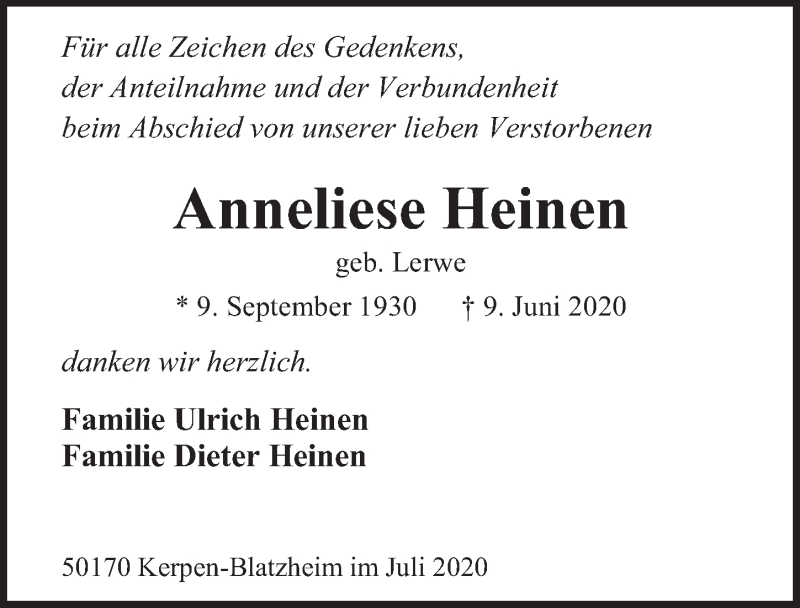  Traueranzeige für Anneliese Heinen vom 17.07.2020 aus  Werbepost 