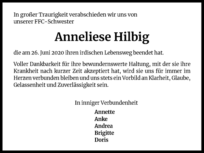  Traueranzeige für Anneliese Hilbig vom 04.07.2020 aus Kölner Stadt-Anzeiger / Kölnische Rundschau / Express