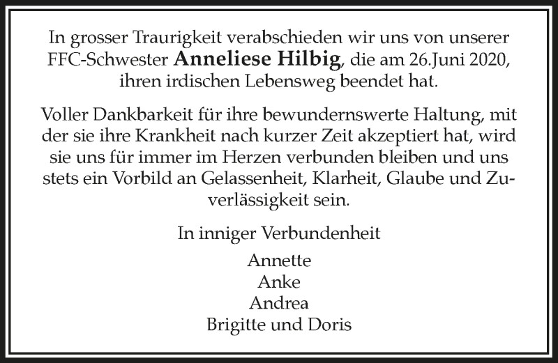  Traueranzeige für Anneliese Hilbig vom 03.07.2020 aus  Lokalanzeiger 