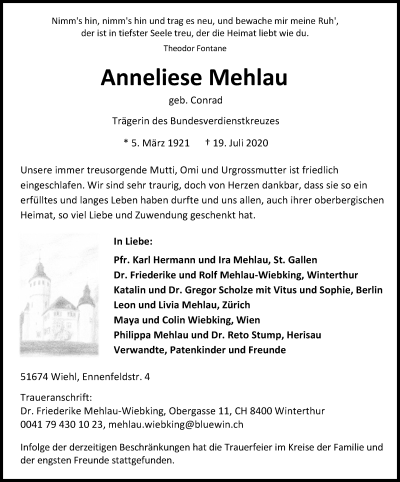  Traueranzeige für Anneliese Mehlau vom 23.07.2020 aus Kölner Stadt-Anzeiger / Kölnische Rundschau / Express