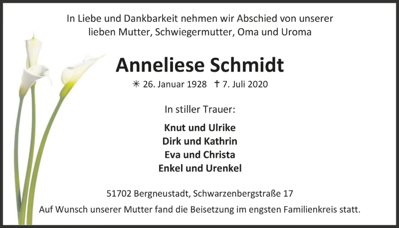  Traueranzeige für Anneliese Schmidt vom 17.07.2020 aus  Anzeigen Echo 