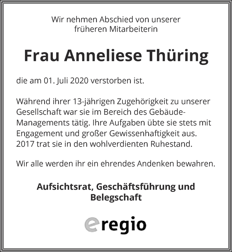  Traueranzeige für Anneliese Thüring vom 11.07.2020 aus  Blickpunkt Euskirchen 