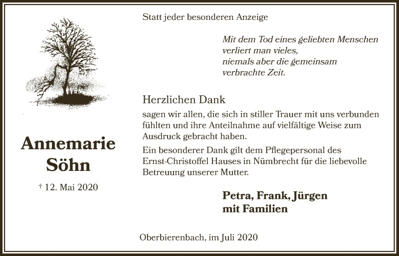  Traueranzeige für Annemarie Söhn vom 10.07.2020 aus  Lokalanzeiger 