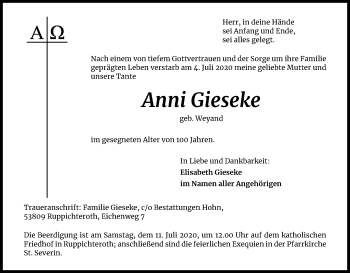 Anzeige von Anni Gieseke von Kölner Stadt-Anzeiger / Kölnische Rundschau / Express
