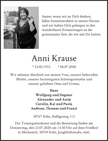 Anzeige von Anni Krause von  Kölner Wochenspiegel 