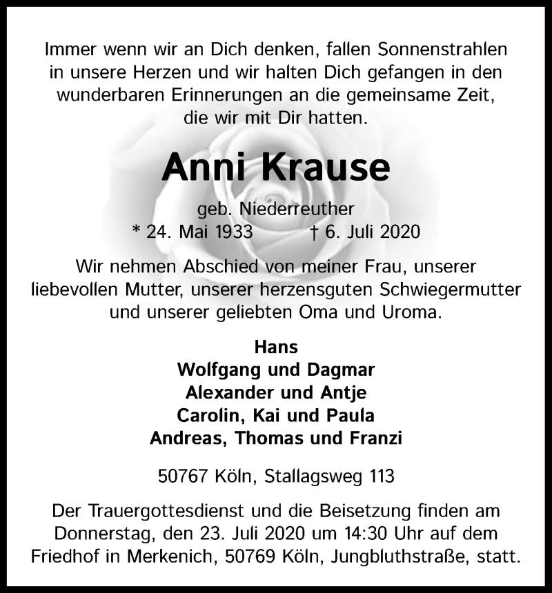  Traueranzeige für Anni Krause vom 18.07.2020 aus Kölner Stadt-Anzeiger / Kölnische Rundschau / Express