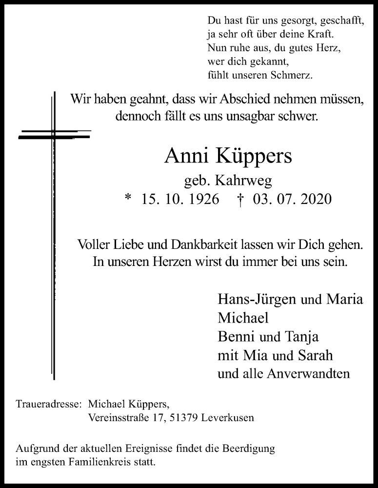  Traueranzeige für Anni Küppers vom 08.07.2020 aus Kölner Stadt-Anzeiger / Kölnische Rundschau / Express