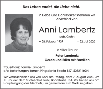 Anzeige von Anni Lambertz von  Schlossbote/Werbekurier 