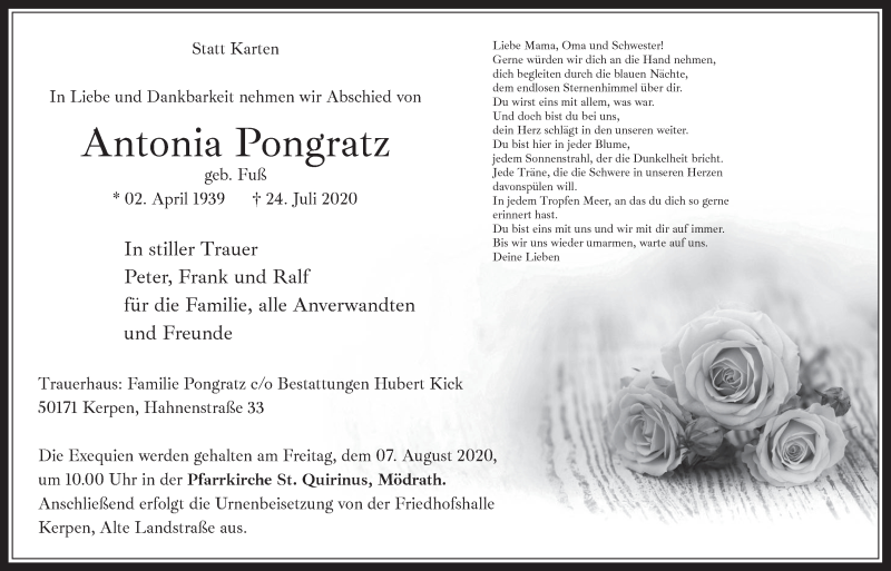  Traueranzeige für Antonia Pongratz vom 31.07.2020 aus  Werbepost 