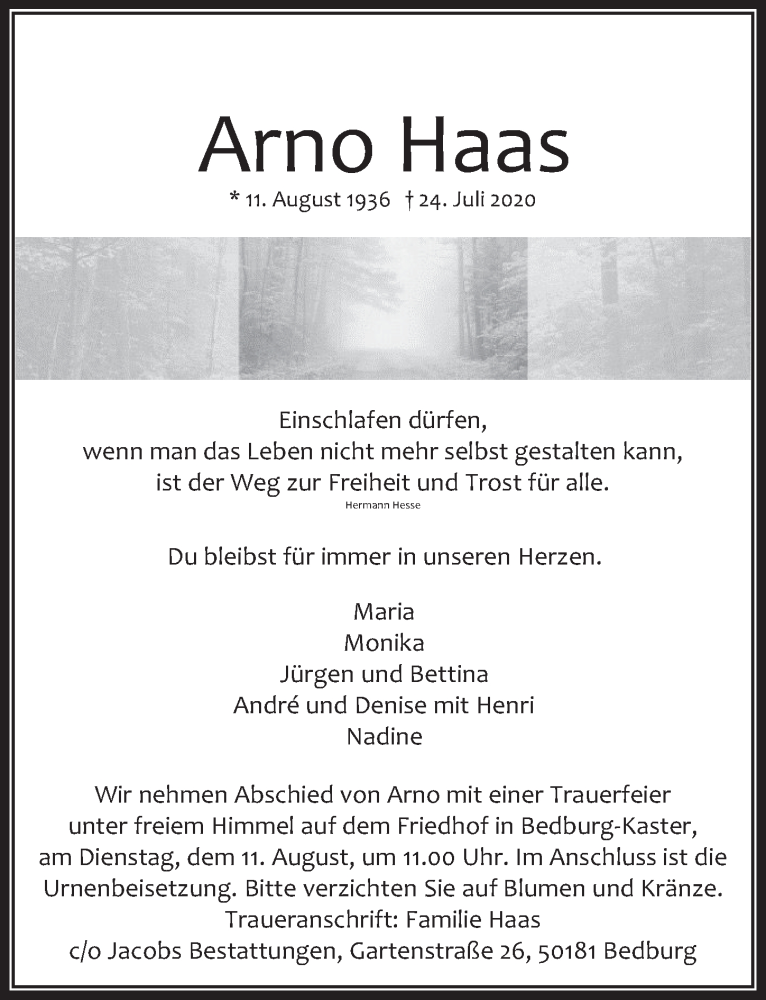  Traueranzeige für Arno Haas vom 31.07.2020 aus  Werbepost 