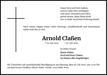 Anzeige von Arnold Claßen von Kölner Stadt-Anzeiger / Kölnische Rundschau / Express