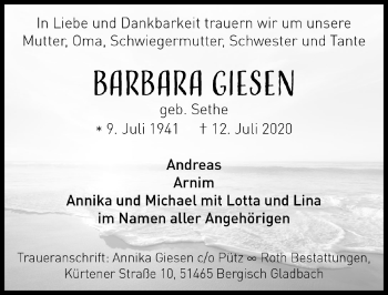 Anzeige von Barbara Giesen von  Bergisches Handelsblatt 